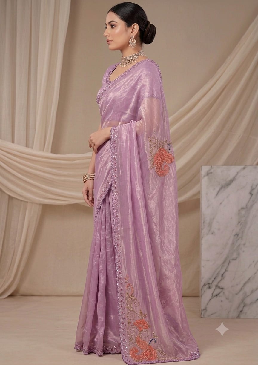 Women Shimmer Saree with Peacock Embroidered Motifs & Scalloped Border - Lilac