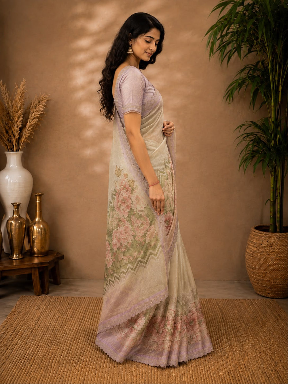 Women Floral Printed Organza Saree with Scalloped Embroidered Border - Lilac