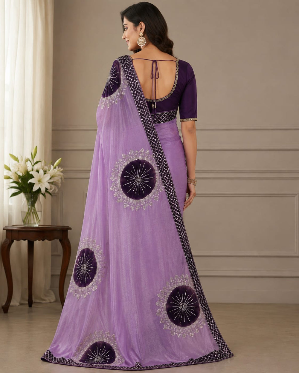Women Shimmer Saree with Velvet Patch & Stone Work - Lilac