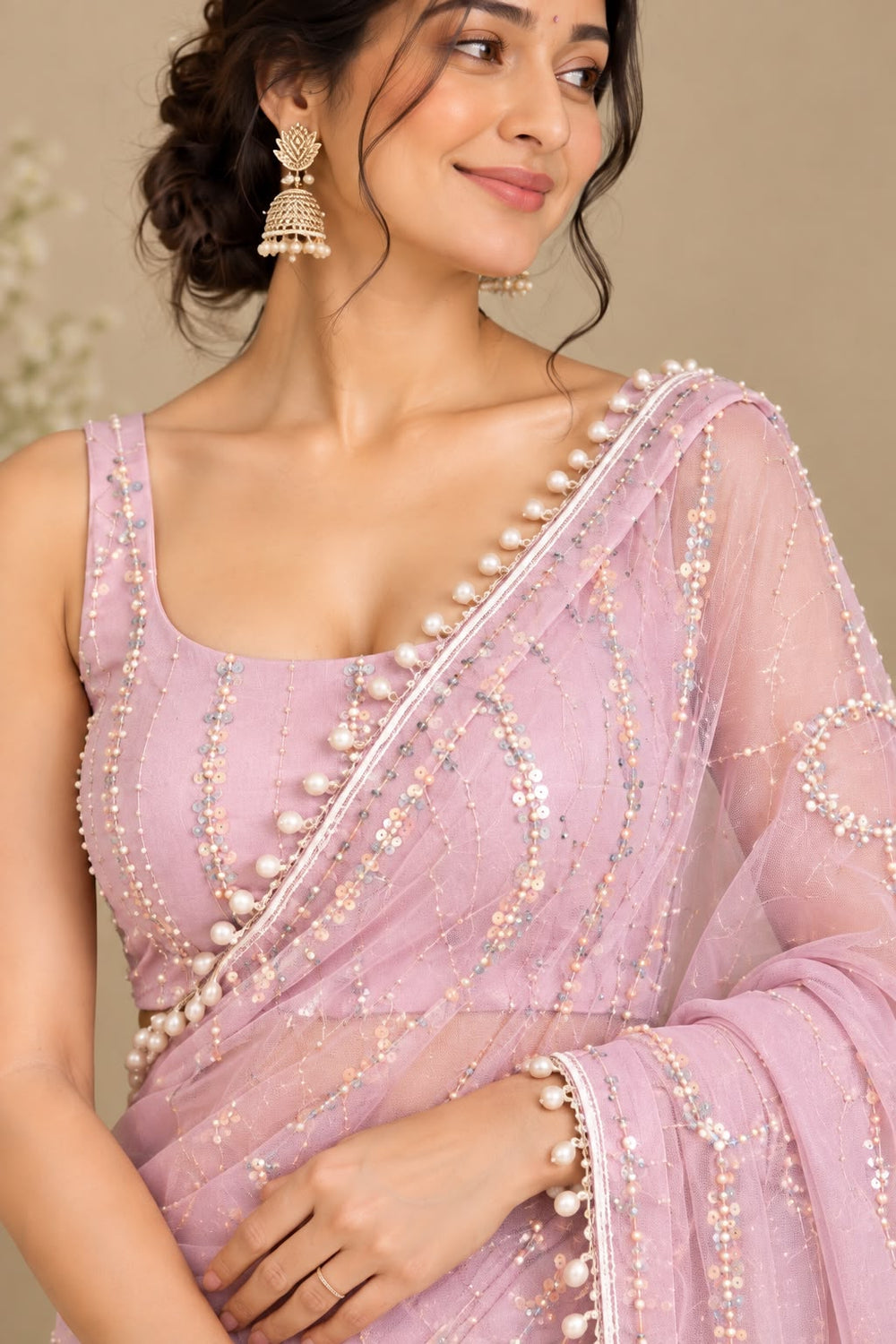 Women Net Saree with Pearl & Sequin Ring Work and Pearl Drop Border - Lilac Pink