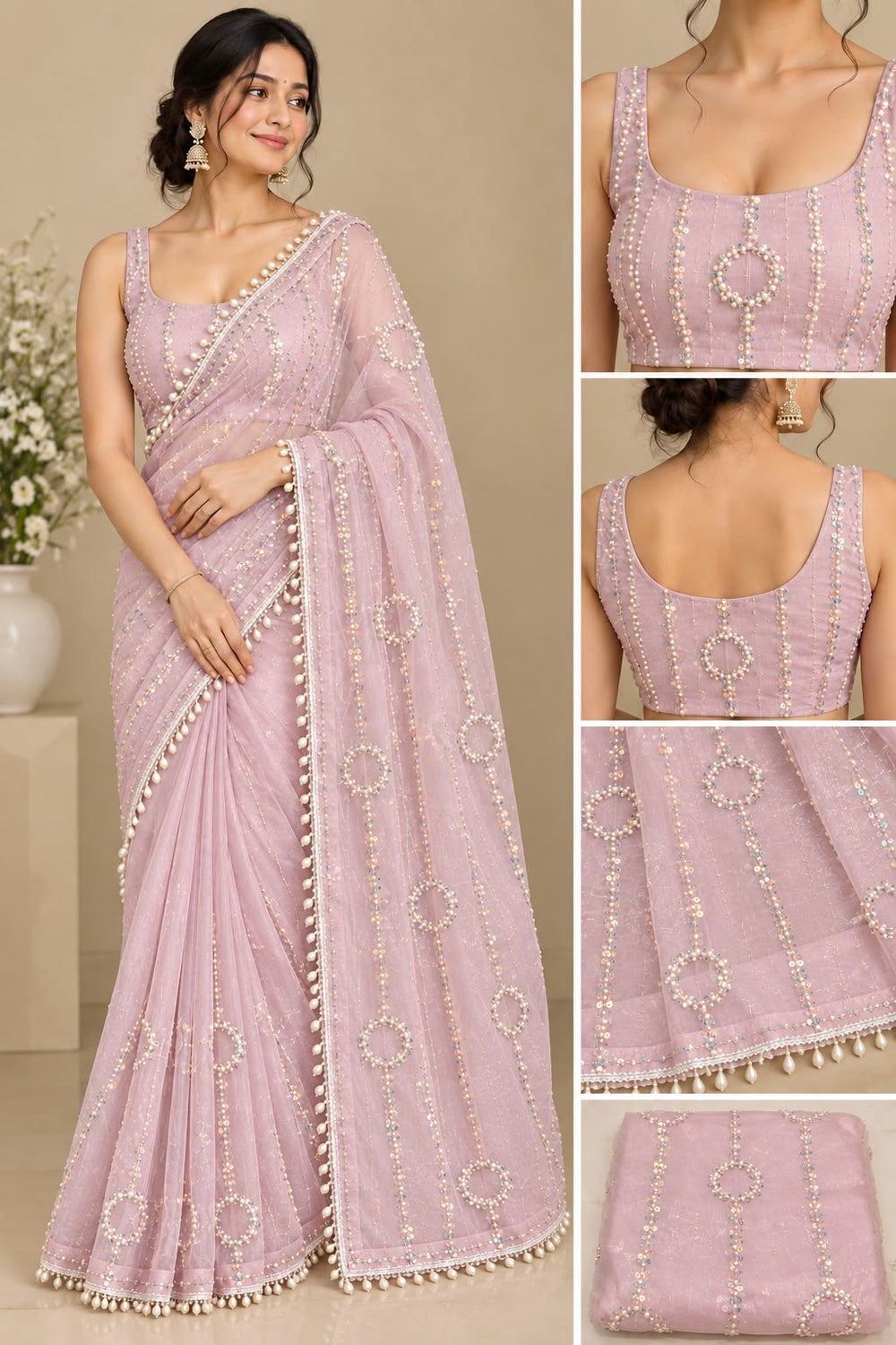 Women Net Saree with Pearl & Sequin Ring Work and Pearl Drop Border - Lilac Pink