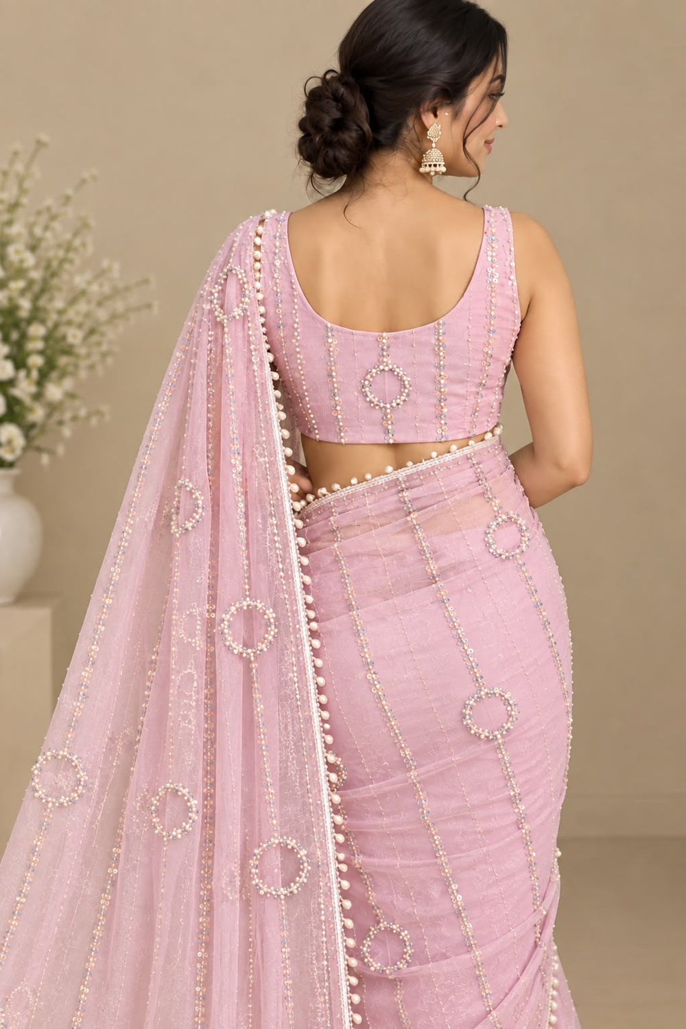 Women Net Saree with Pearl & Sequin Ring Work and Pearl Drop Border - Lilac Pink