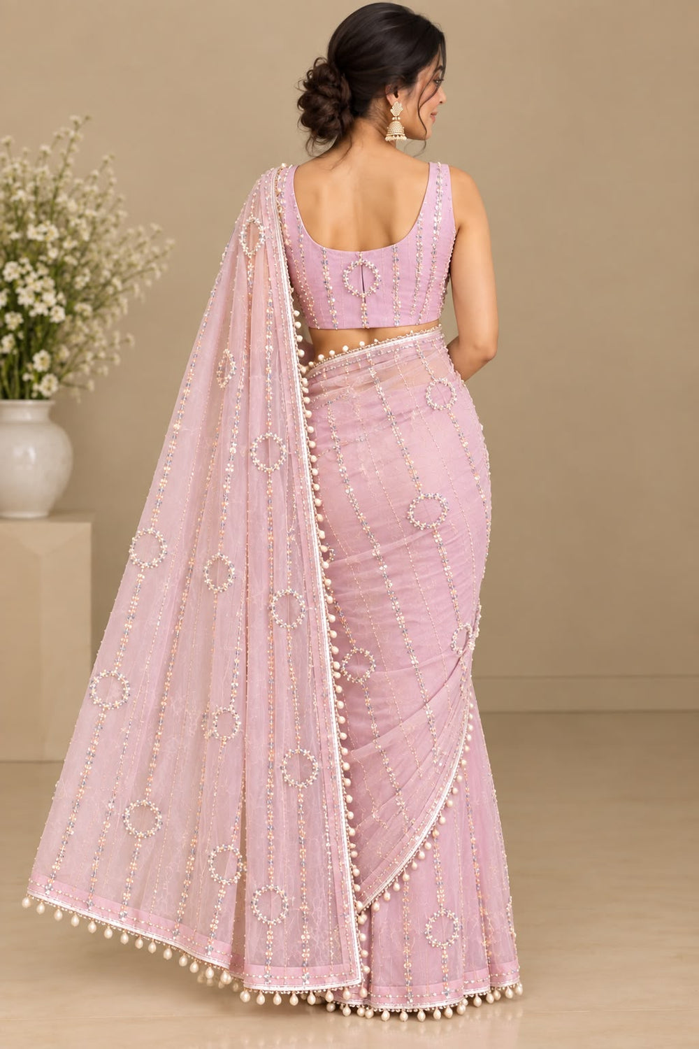 Women Net Saree with Pearl & Sequin Ring Work and Pearl Drop Border - Lilac Pink