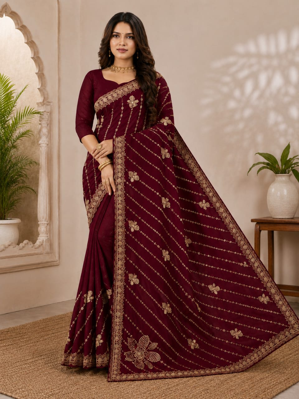 Women Zari Embroidered Georgette Saree with Scalloped Border & Matching Blouse - Maroon