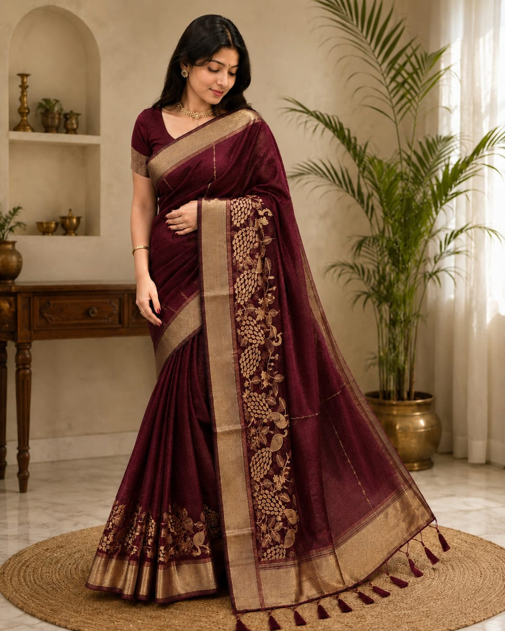 Women Traditional Peacock Zari Woven Cotton Tissue Saree with Tassels - Maroon