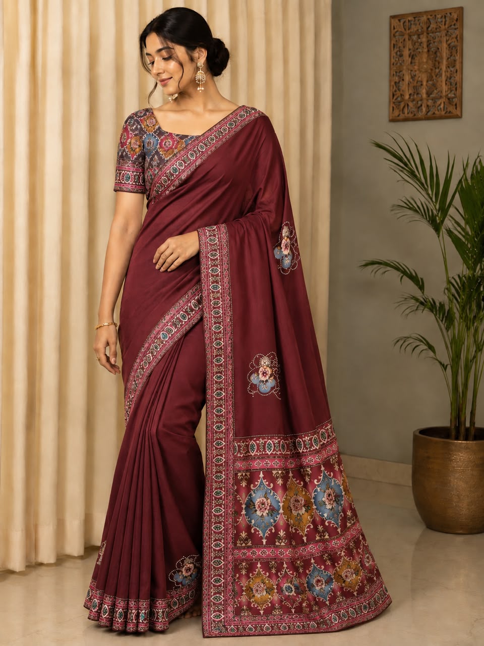 Women Printed Pallu Dola Silk Saree with Embroidered Butis - Wine