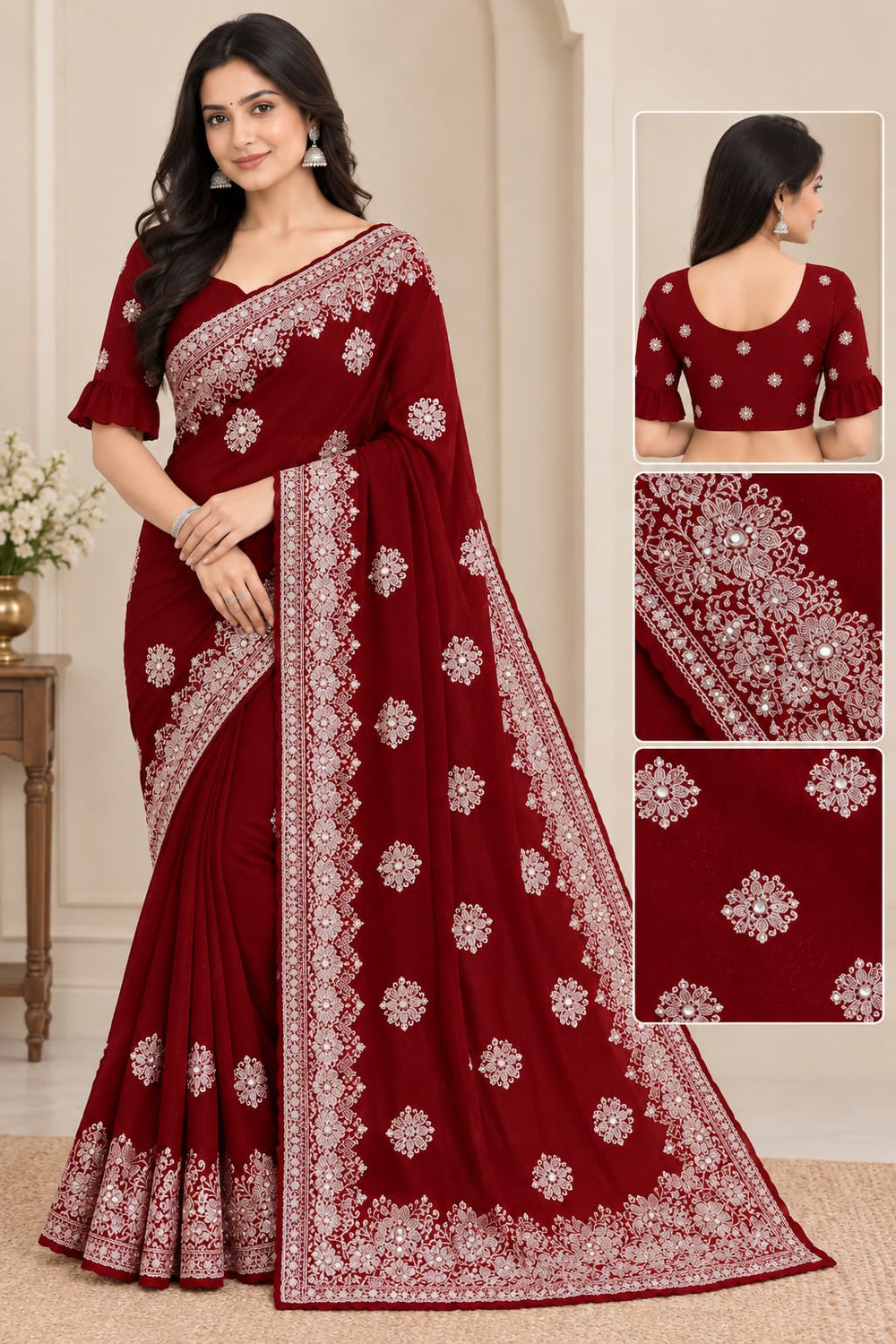Women Blooming Saree with Silver Thread Buti Embroidery & White Stone Work Border - Maroon