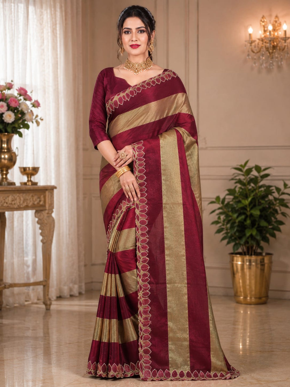 Women Metallic Zari Striped Saree with Embroidered Cutwork Border - Maroon