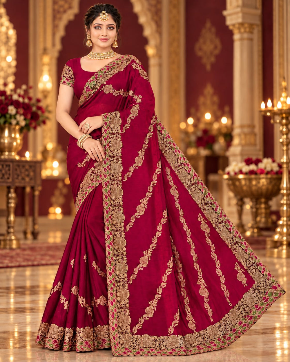 Women Satin Saree with Kalash Motif Embroidery & Multicolour Cutwork Border - Maroon