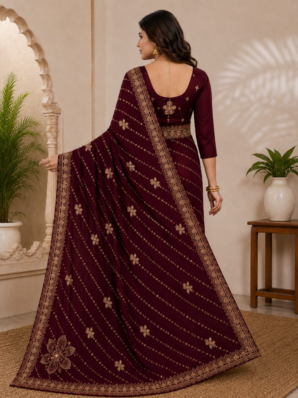 Women Zari Embroidered Georgette Saree with Scalloped Border & Matching Blouse - Maroon