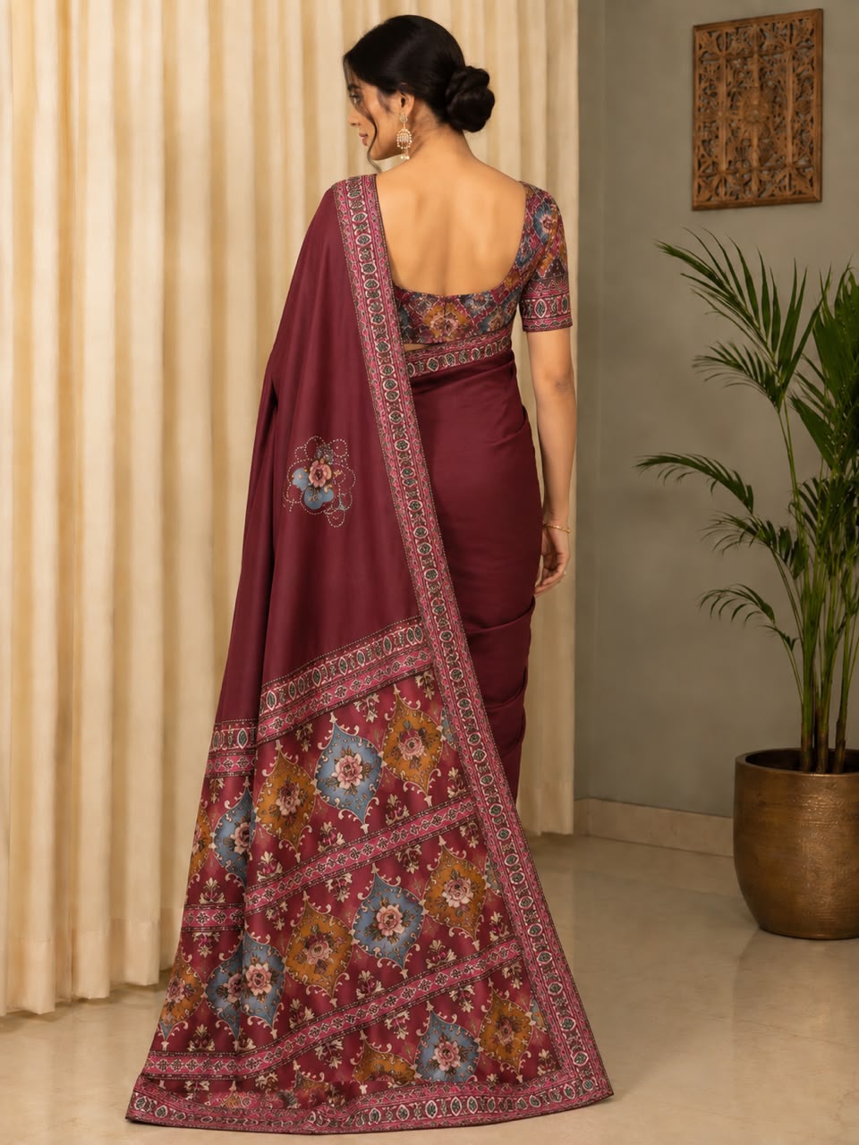 Women Printed Pallu Dola Silk Saree with Embroidered Butis - Wine
