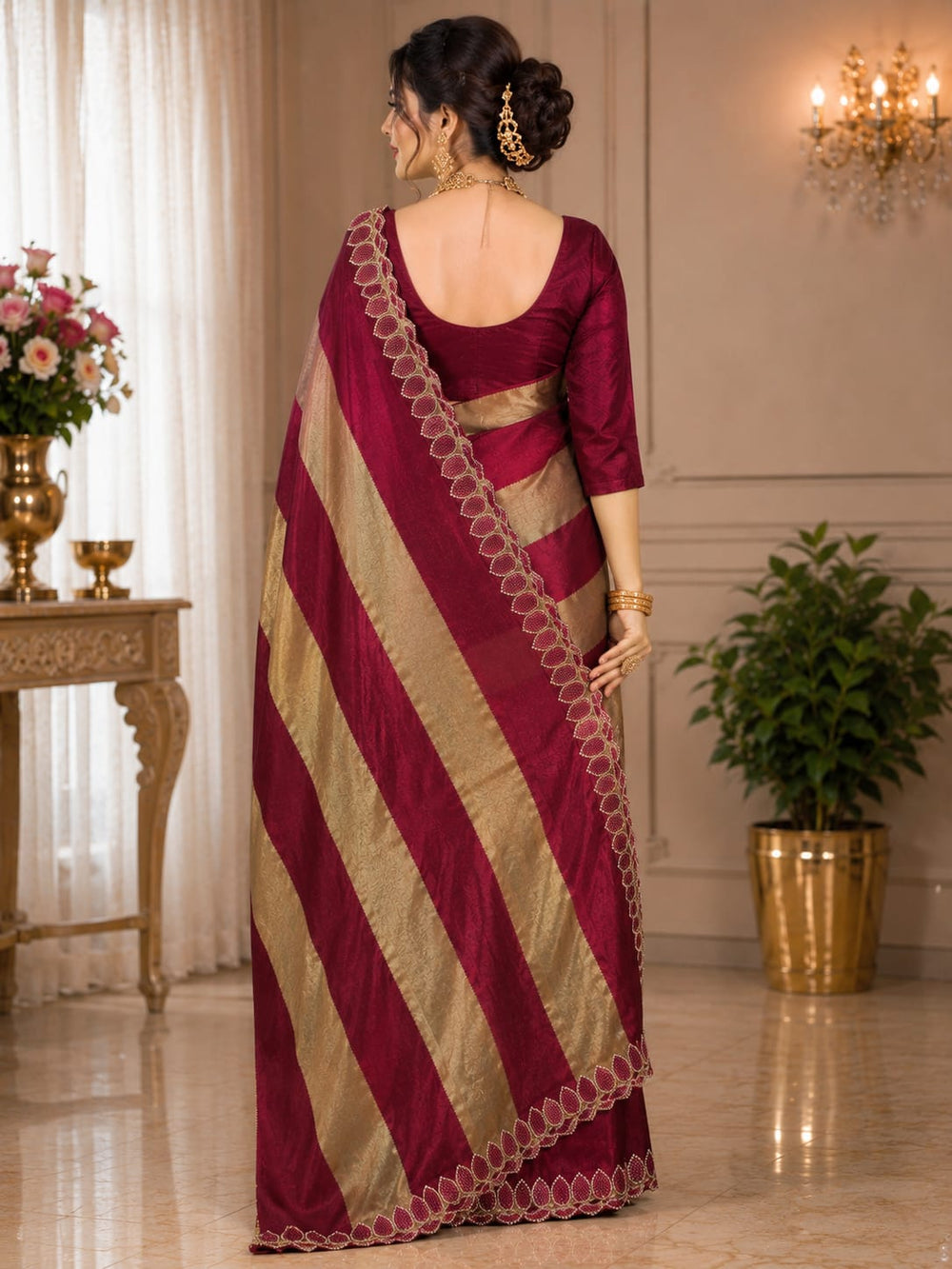 Women Metallic Zari Striped Saree with Embroidered Cutwork Border - Maroon