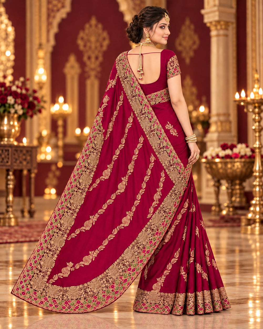 Women Satin Saree with Kalash Motif Embroidery & Multicolour Cutwork Border - Maroon