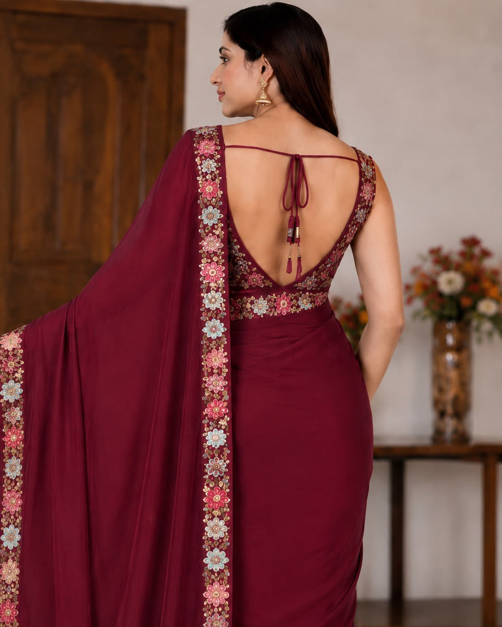 Women Georgette Saree with Floral Embroidered Border and Running Blouse - Wine