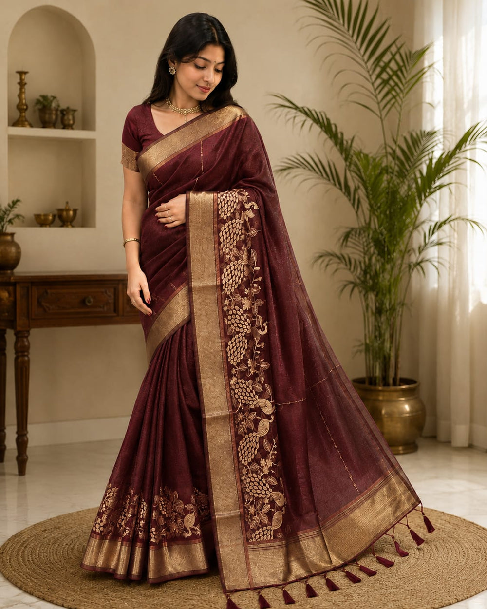 Women Traditional Peacock Zari Woven Cotton Tissue Saree with Tassels - Maroon