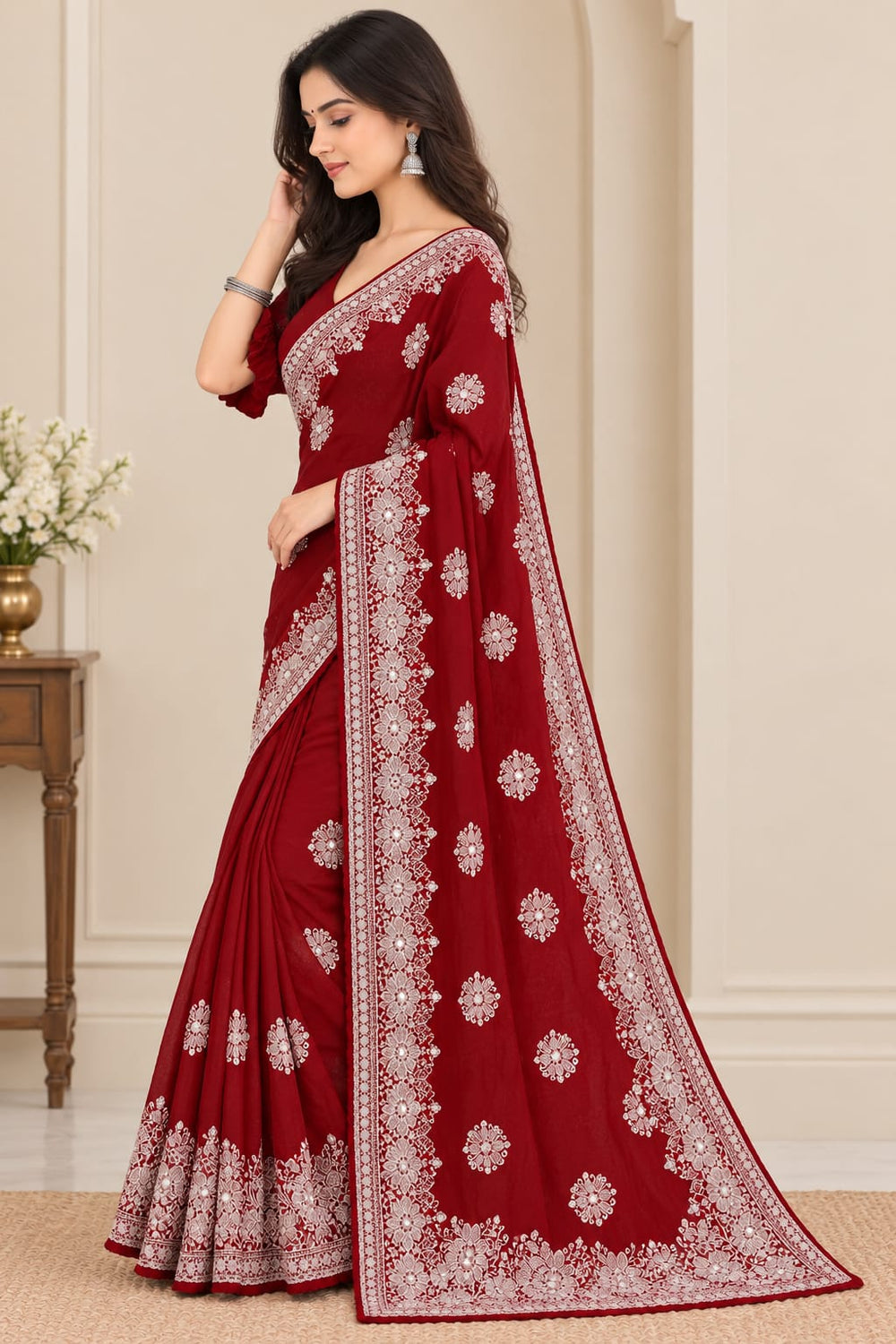 Women Blooming Saree with Silver Thread Buti Embroidery & White Stone Work Border - Maroon
