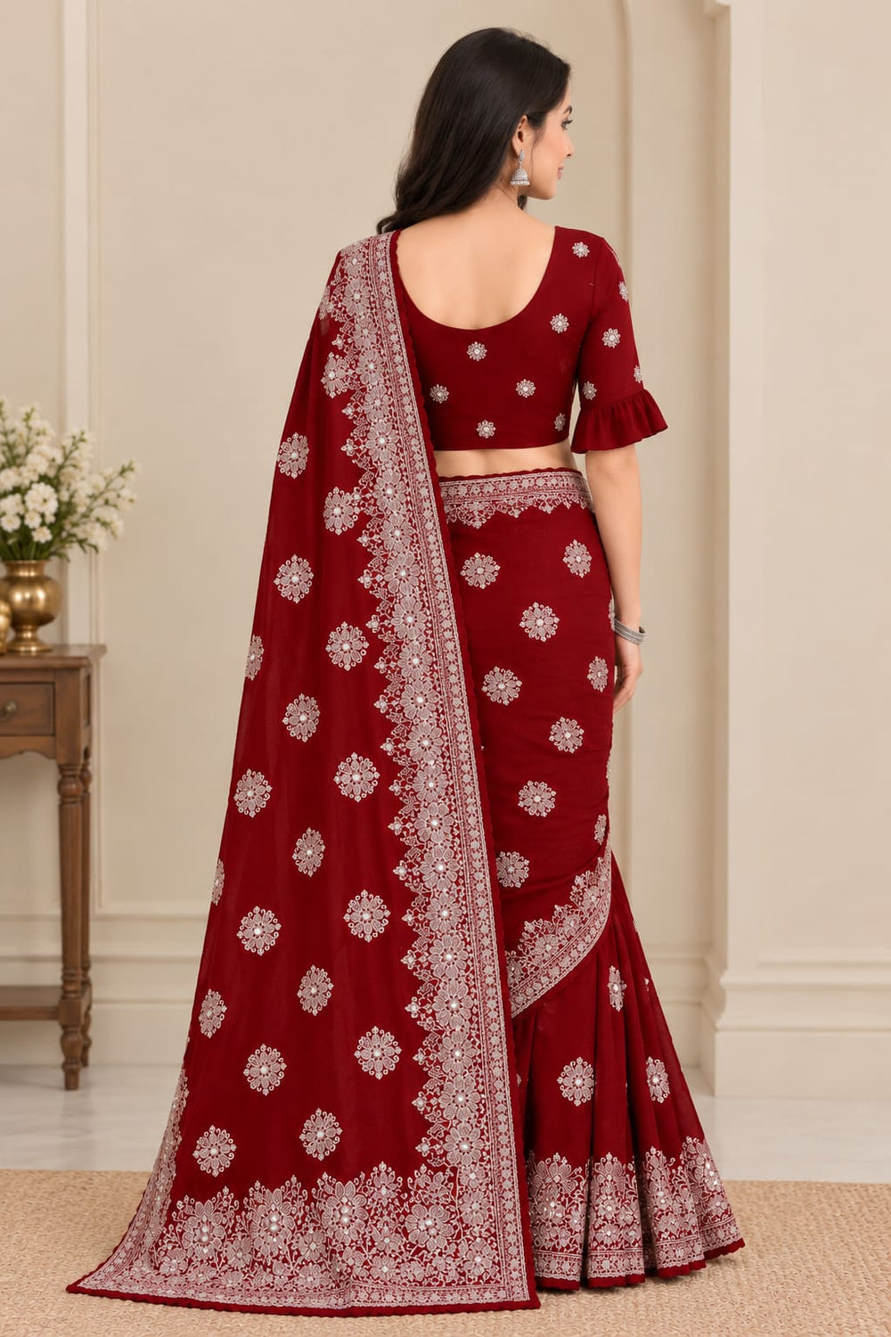 Women Blooming Saree with Silver Thread Buti Embroidery & White Stone Work Border - Maroon