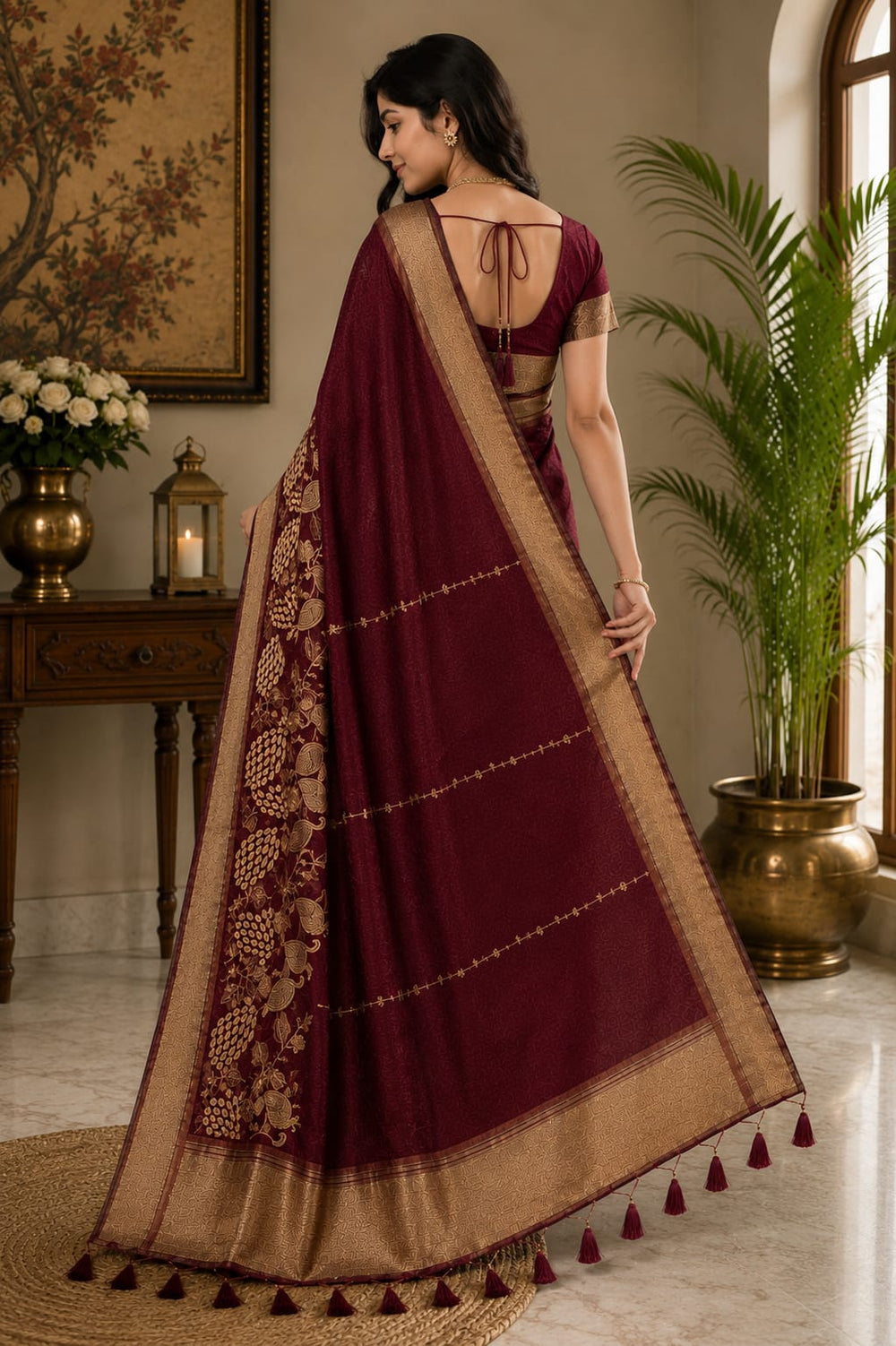 Women Traditional Peacock Zari Woven Cotton Tissue Saree with Tassels - Maroon