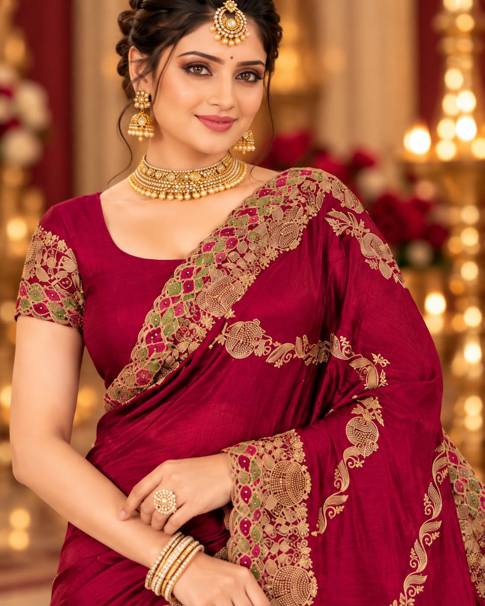 Women Satin Saree with Kalash Motif Embroidery & Multicolour Cutwork Border - Maroon