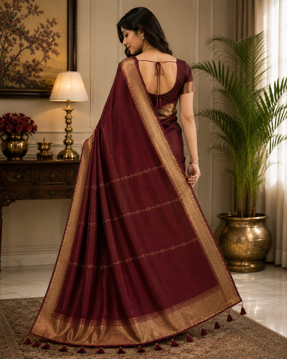 Women Traditional Peacock Zari Woven Cotton Tissue Saree with Tassels - Maroon
