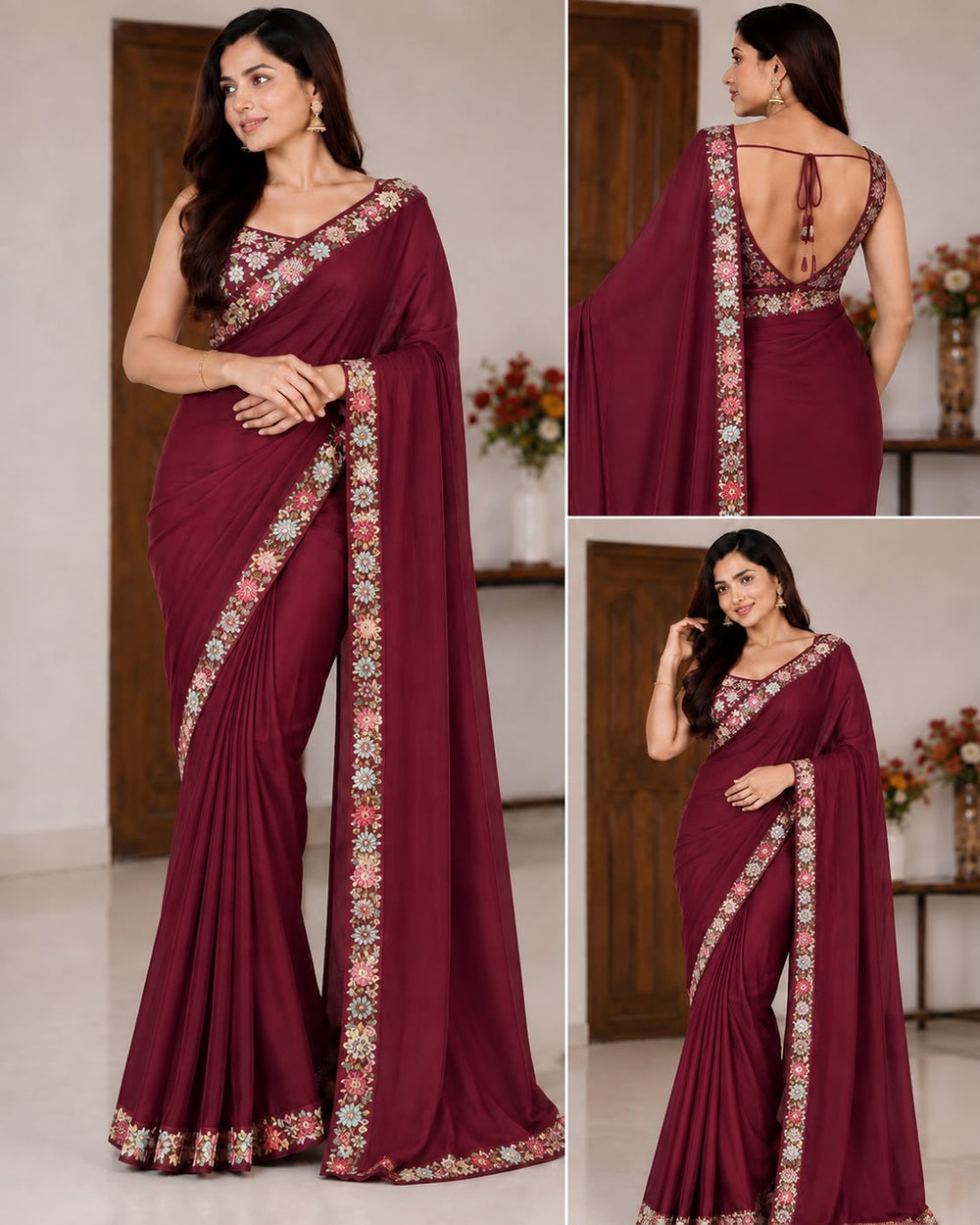 Women Georgette Saree with Floral Embroidered Border and Running Blouse - Wine