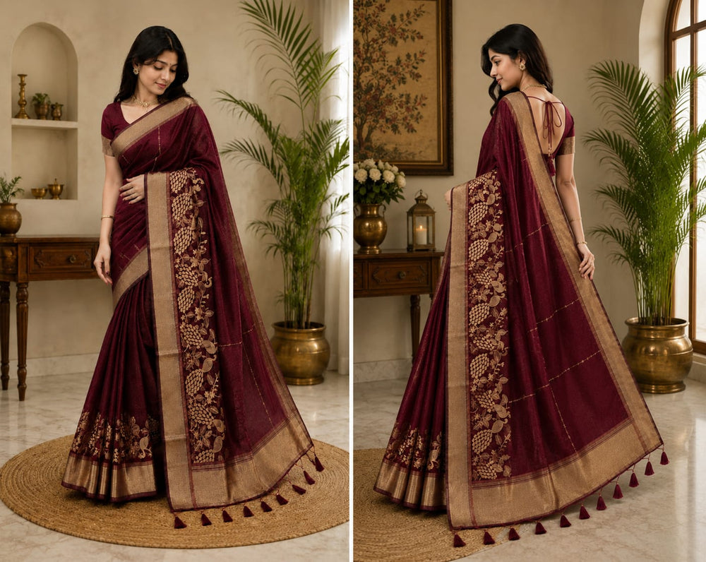 Women Traditional Peacock Zari Woven Cotton Tissue Saree with Tassels - Maroon