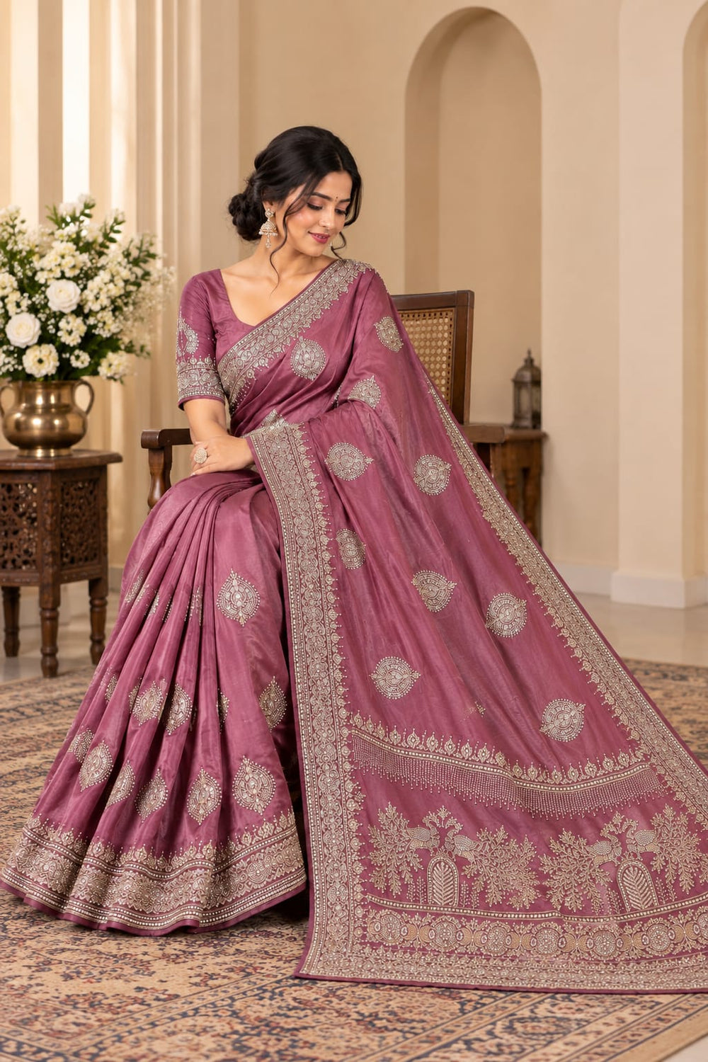 Women Japan Satin Saree with Stone Work Butis & Peacock Tree Pallu - Mauve