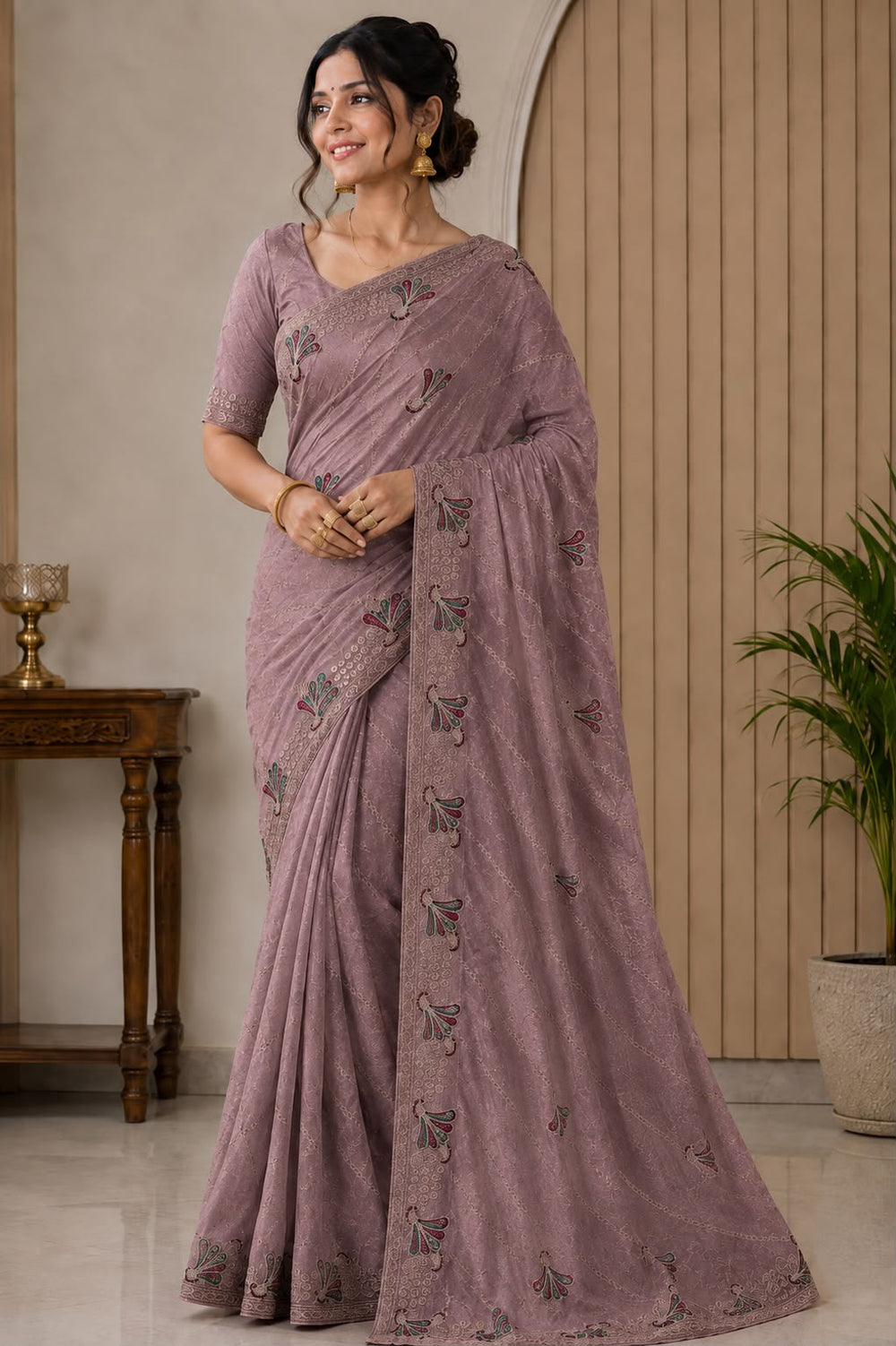 Women Fancy Saree with Peacock Embroidery & Zari Chain Work Border - Mauve