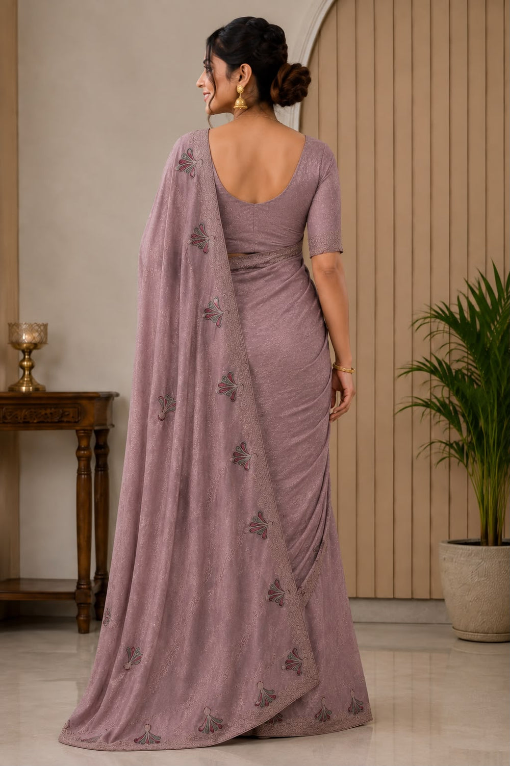 Women Fancy Saree with Peacock Embroidery & Zari Chain Work Border - Mauve