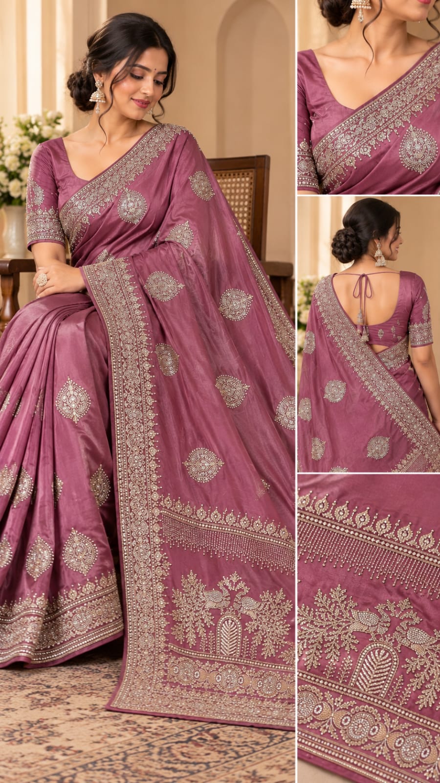 Women Japan Satin Saree with Stone Work Butis & Peacock Tree Pallu - Mauve