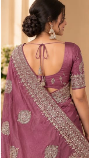 Women Japan Satin Saree with Stone Work Butis & Peacock Tree Pallu - Mauve
