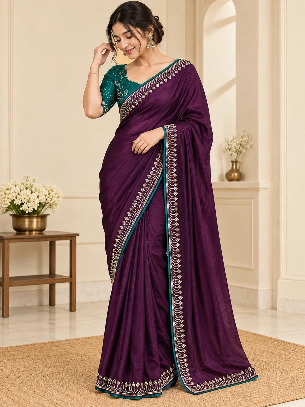 Women Satin Saree with Stone Work Border & Contrast Teal Blouse