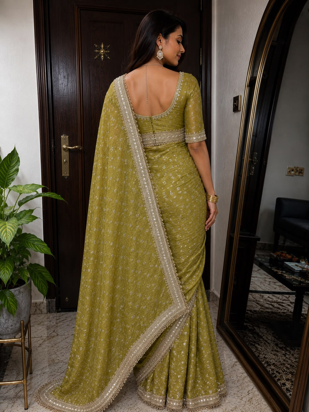 Women Georgette Saree with Heavy Cutwork Embroidered Border - Mehendi Green