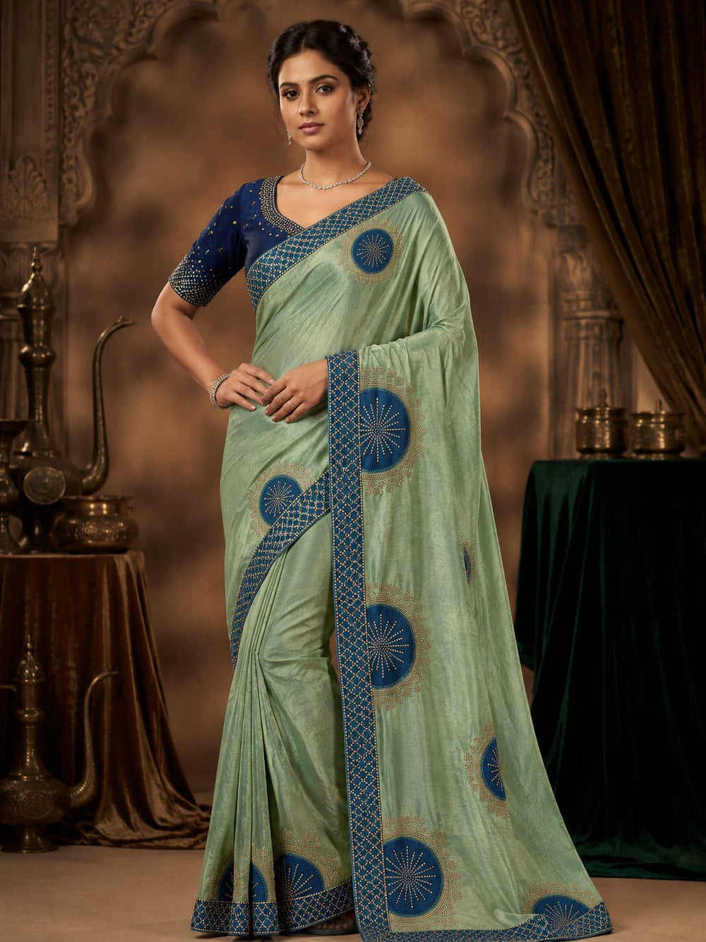 Women Shimmer Saree with Velvet Patch & Stone Work - Mint Green