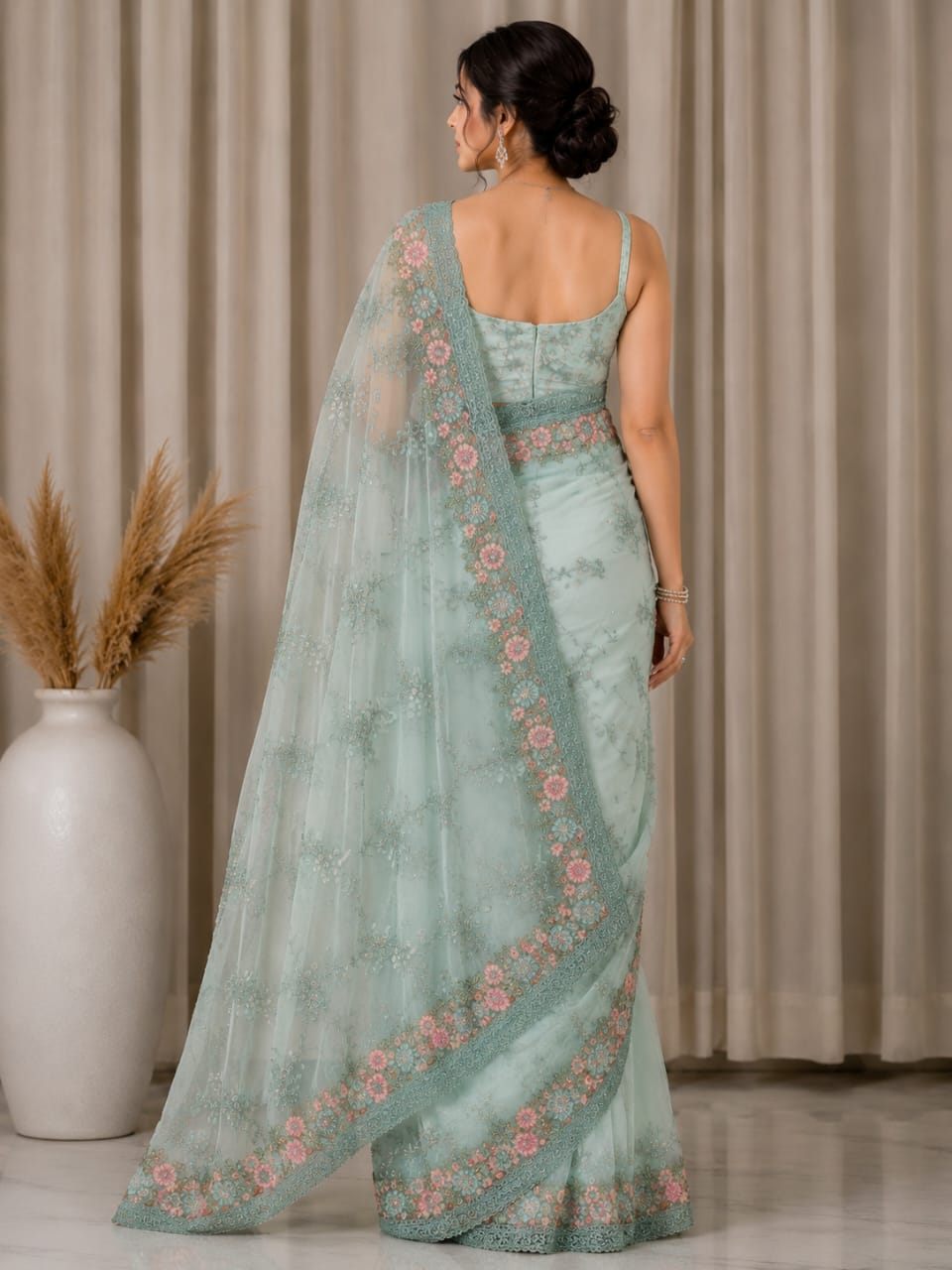 Women Floral Embroidered Net Saree with Scalloped Border - Mint Green