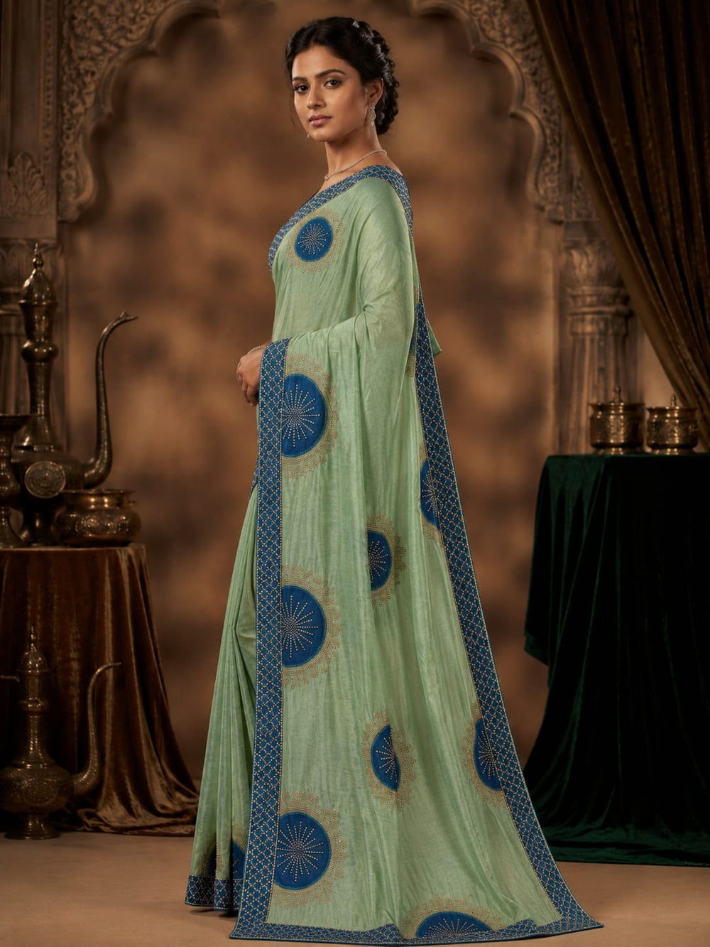 Women Shimmer Saree with Velvet Patch & Stone Work - Mint Green