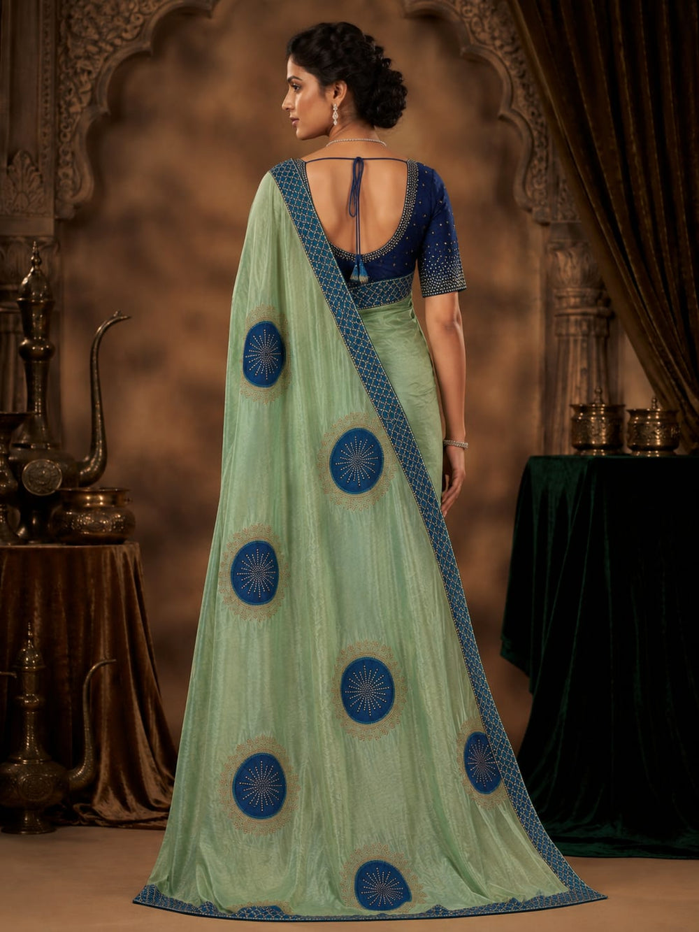 Women Shimmer Saree with Velvet Patch & Stone Work - Mint Green