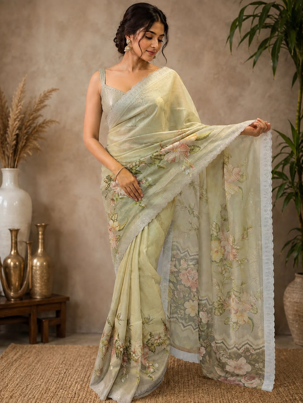 Women Floral Printed Organza Saree with Scalloped Embroidered Border - Mint Green