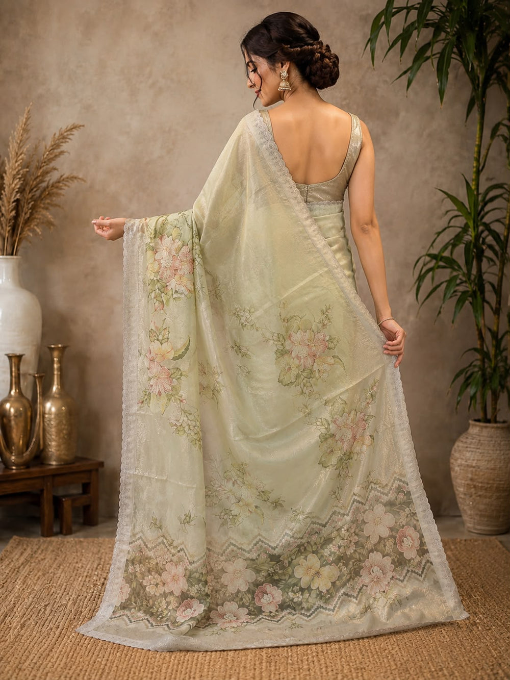 Women Floral Printed Organza Saree with Scalloped Embroidered Border - Mint Green