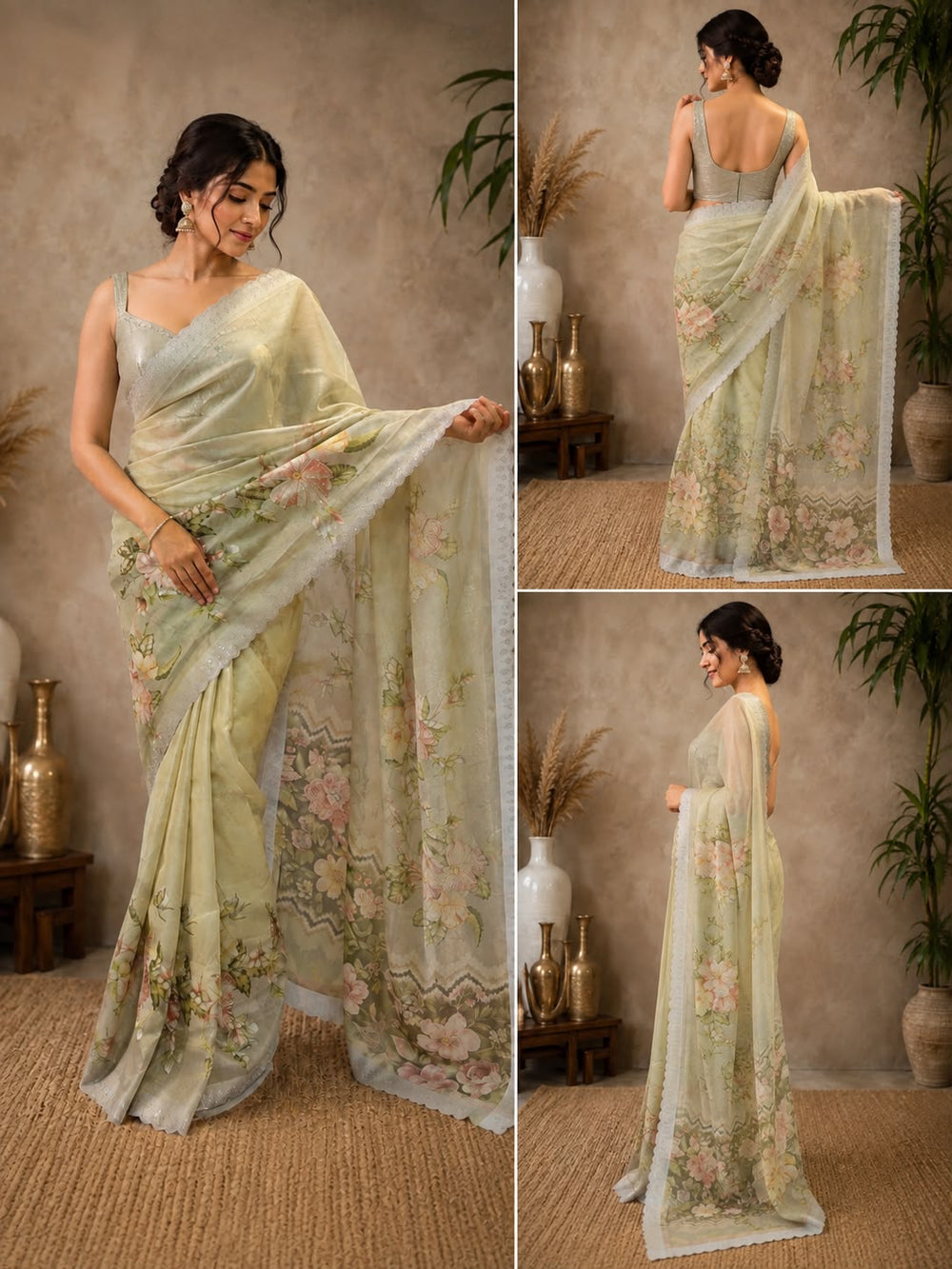 Women Floral Printed Organza Saree with Scalloped Embroidered Border - Mint Green