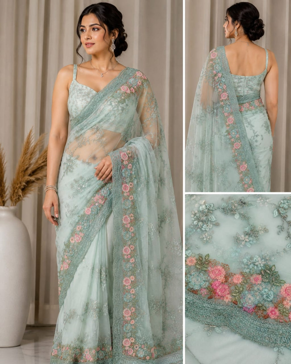 Women Floral Embroidered Net Saree with Scalloped Border - Mint Green