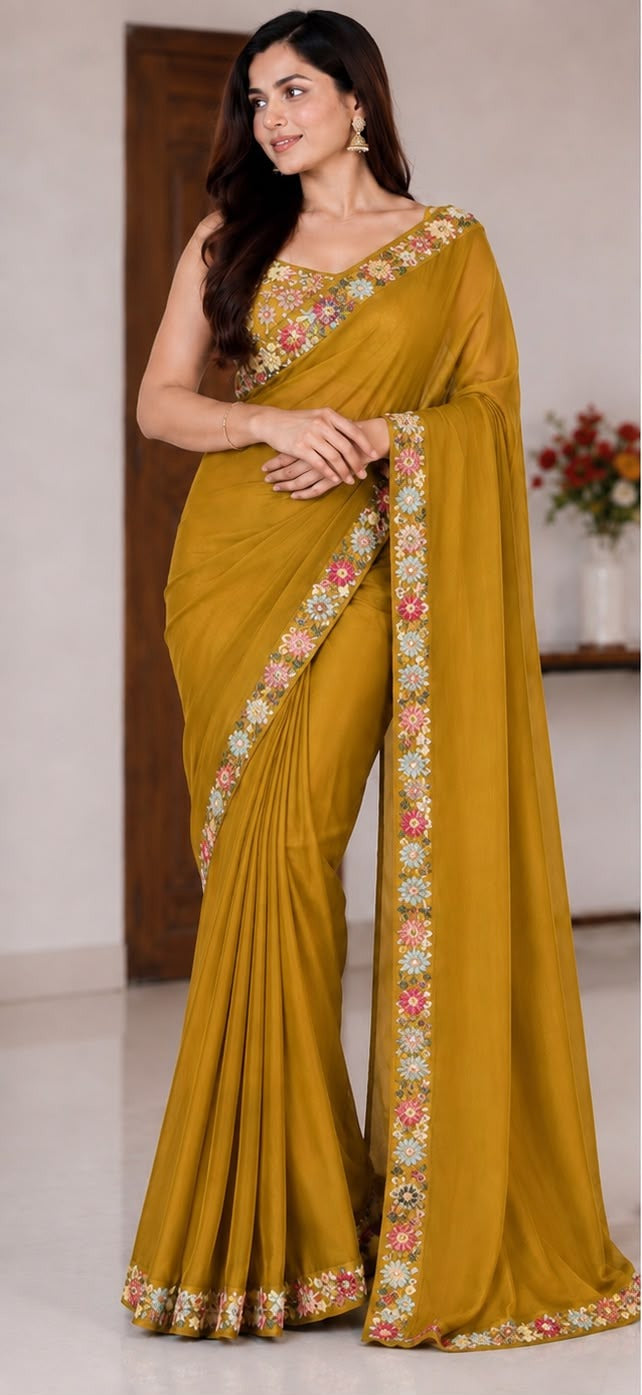 Women Georgette Saree with Floral Embroidered Border and Running Blouse - Mustard