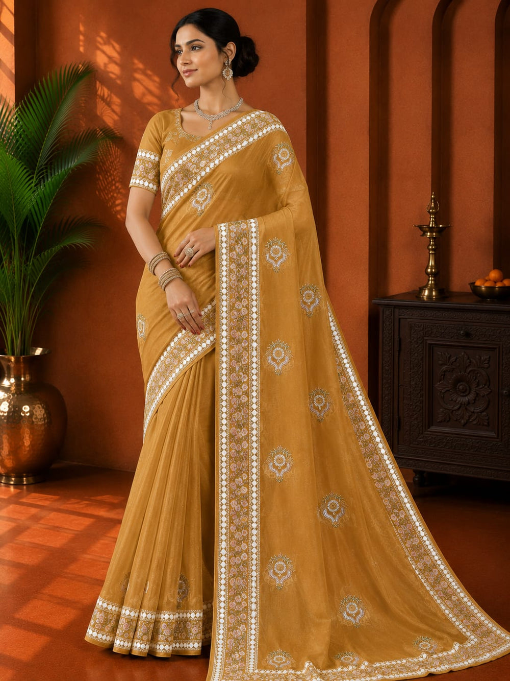 Women Mirror & Sequin Embroidered Saree with Heavy Blouse - Mustard