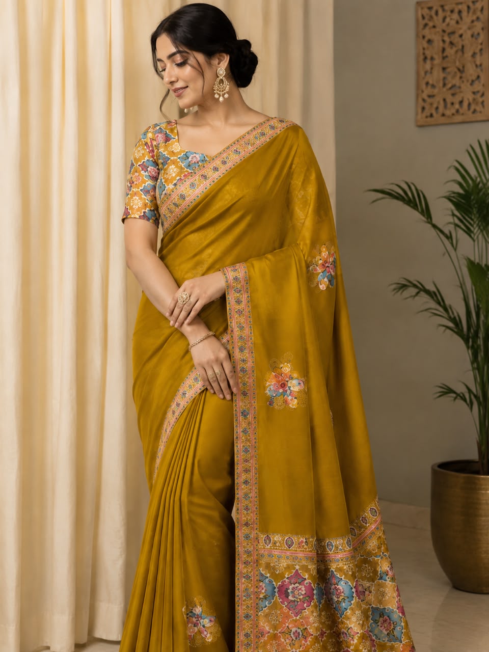Women Printed Pallu Dola Silk Saree with Embroidered Butis - Mustard