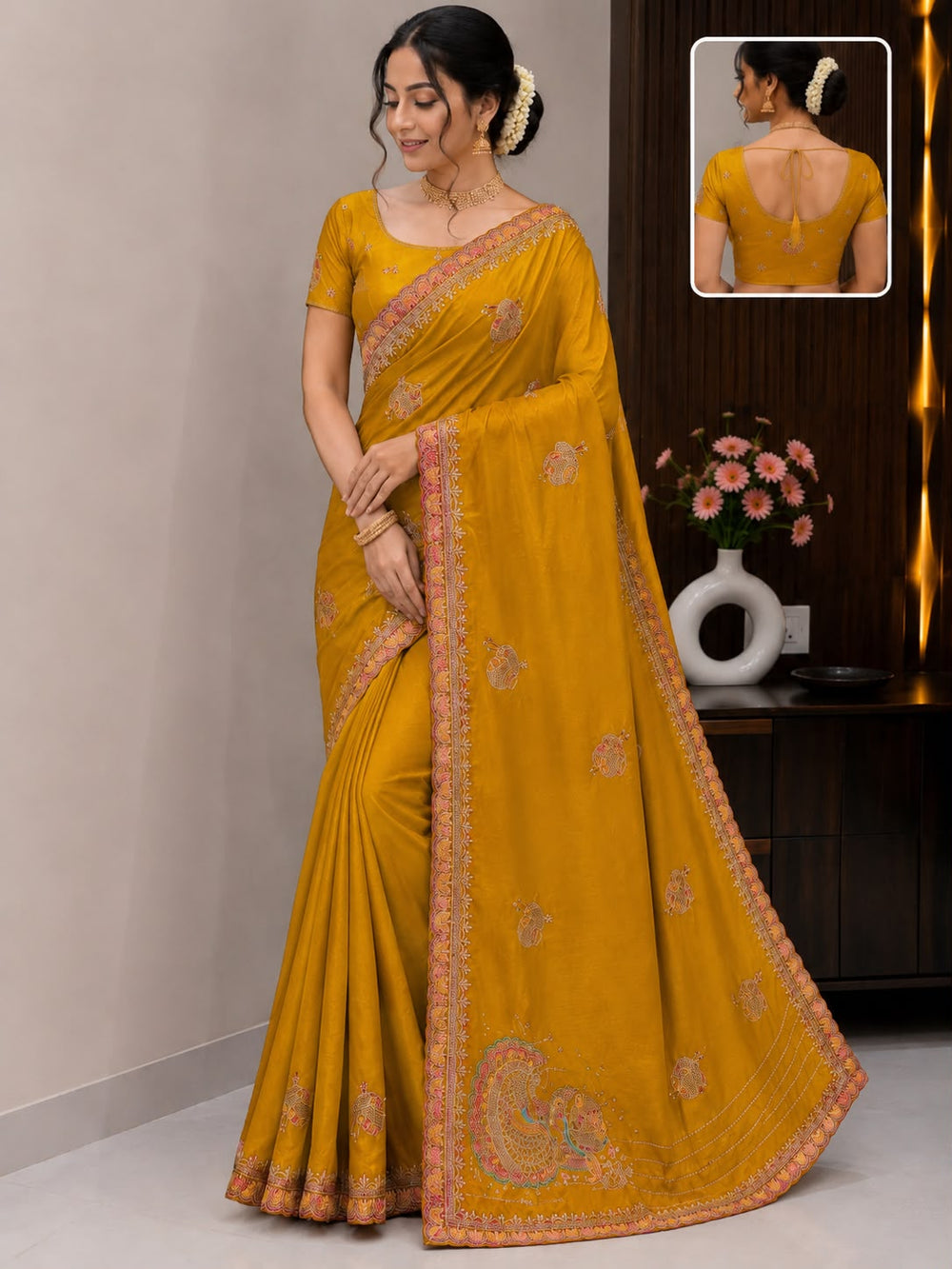 Women Traditional Embroidered Fancy Saree with Paisley Pallu & Designer Border - Mustard