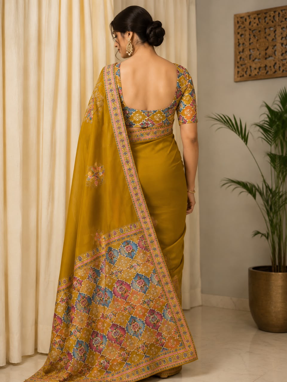 Women Printed Pallu Dola Silk Saree with Embroidered Butis - Mustard