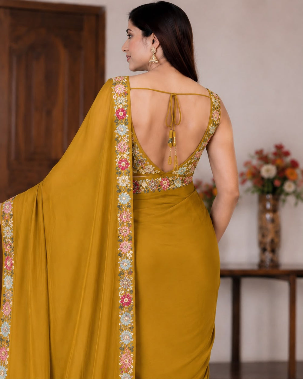 Women Georgette Saree with Floral Embroidered Border and Running Blouse - Mustard