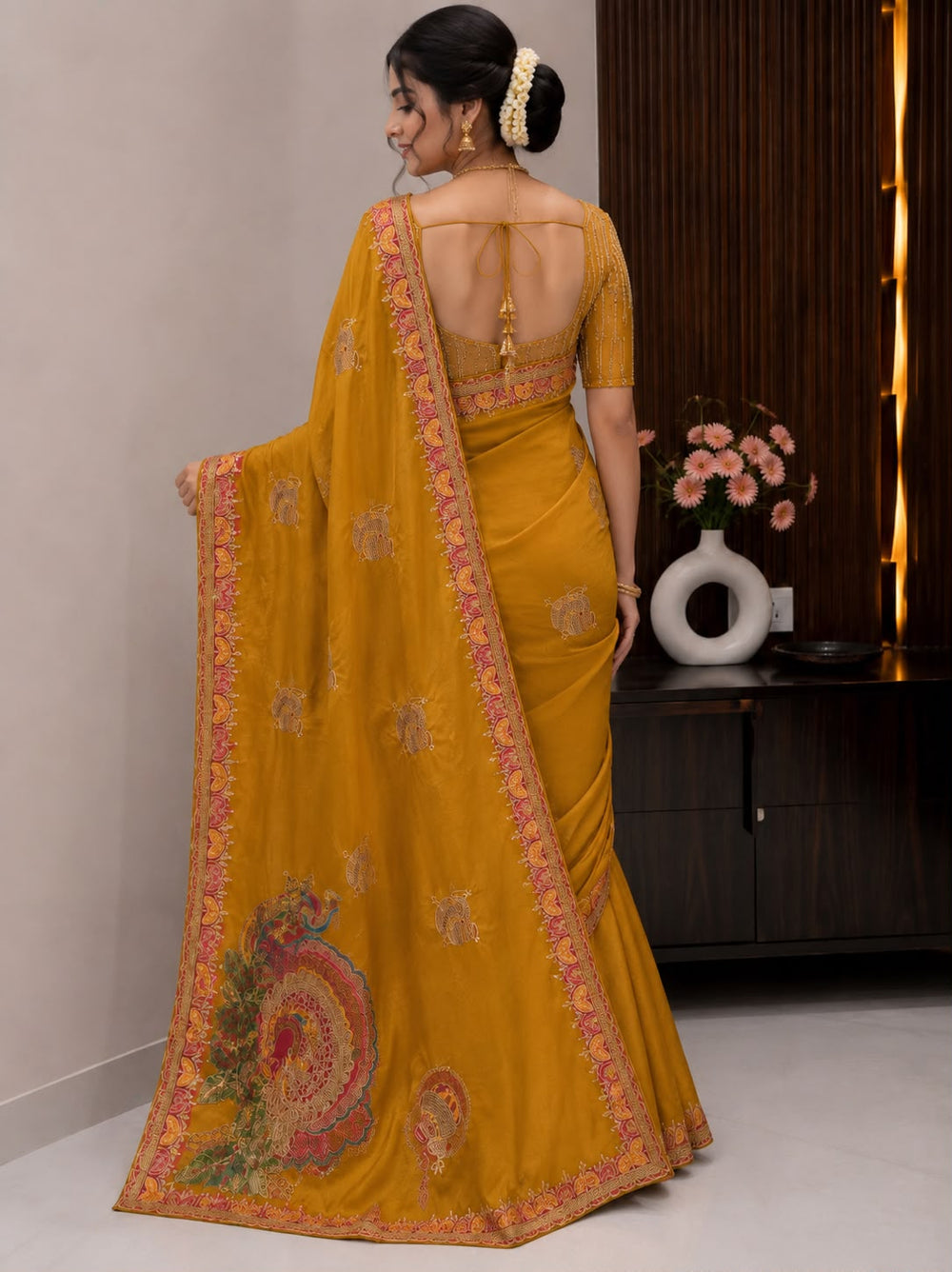 Women Traditional Embroidered Fancy Saree with Paisley Pallu & Designer Border - Mustard