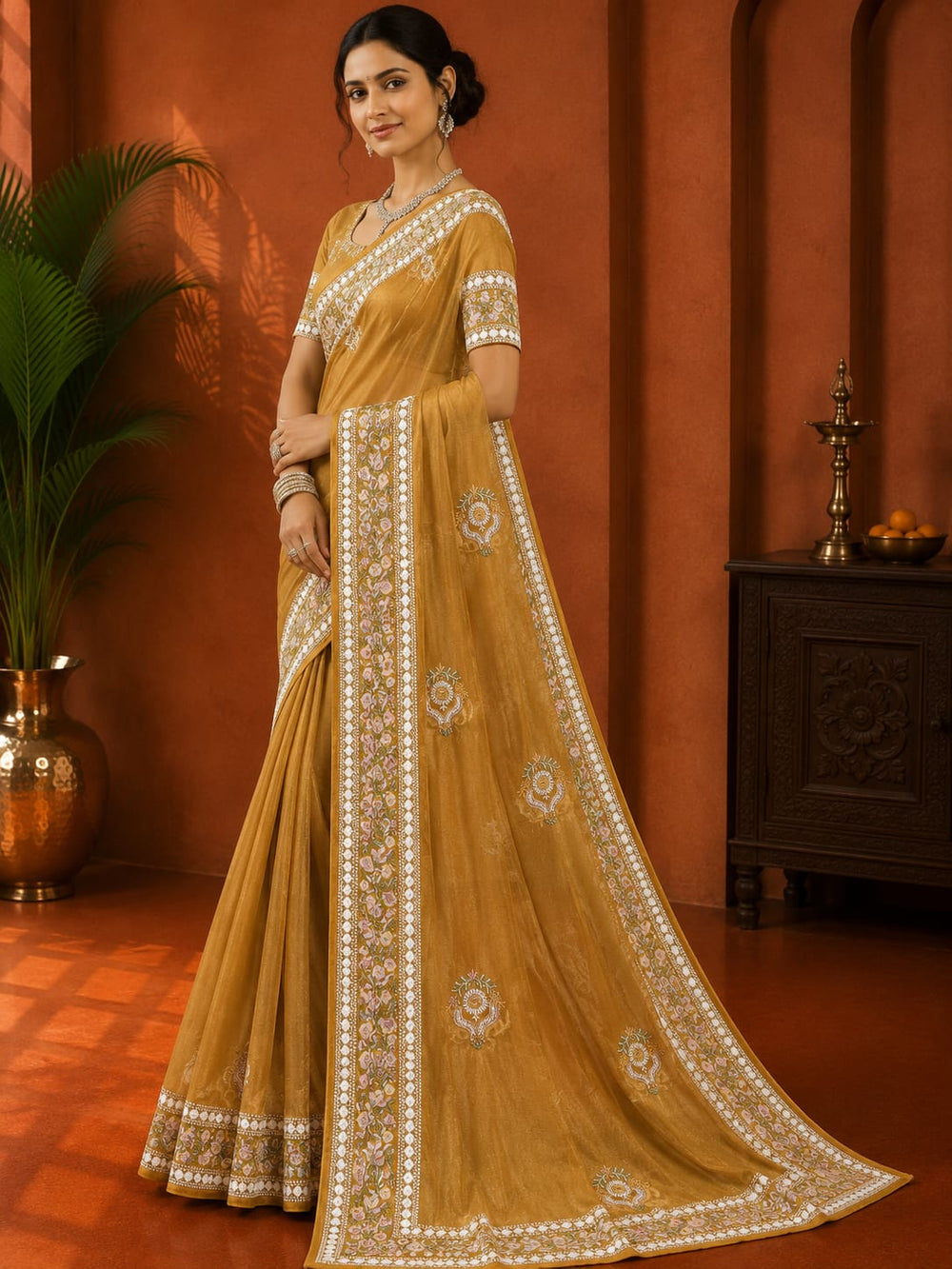 Women Mirror & Sequin Embroidered Saree with Heavy Blouse - Mustard