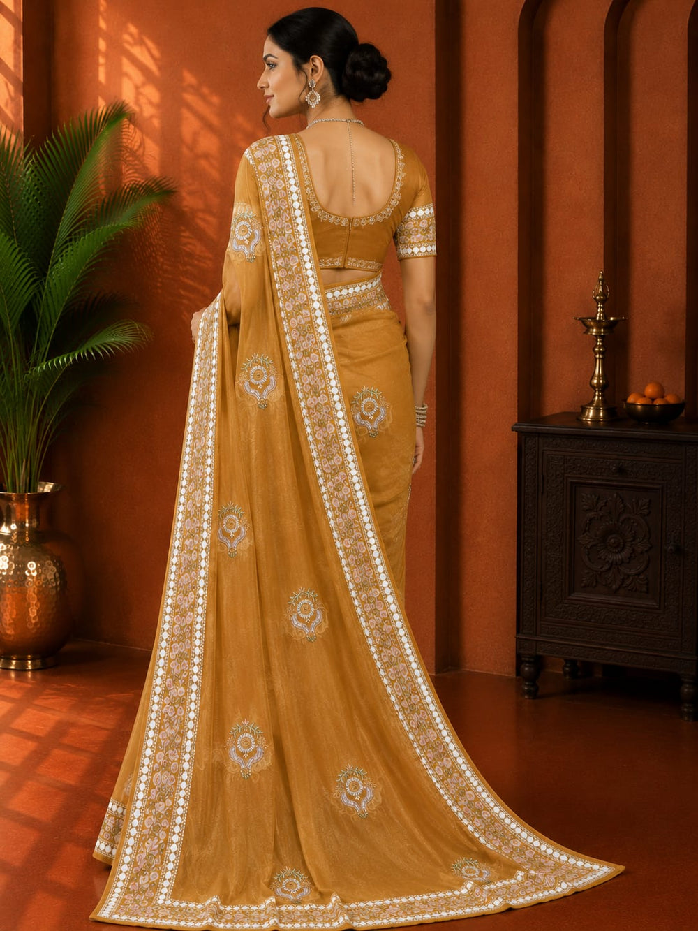 Women Mirror & Sequin Embroidered Saree with Heavy Blouse - Mustard